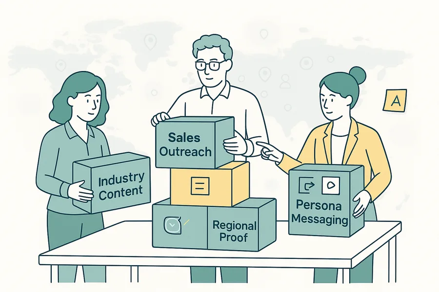 Three marketing professionals stacking labeled blocks labeled 'Sales Outreach,' 'Regional Proof,' and 'Persona Messaging'—a metaphor for building real ABM plays at the segment level.